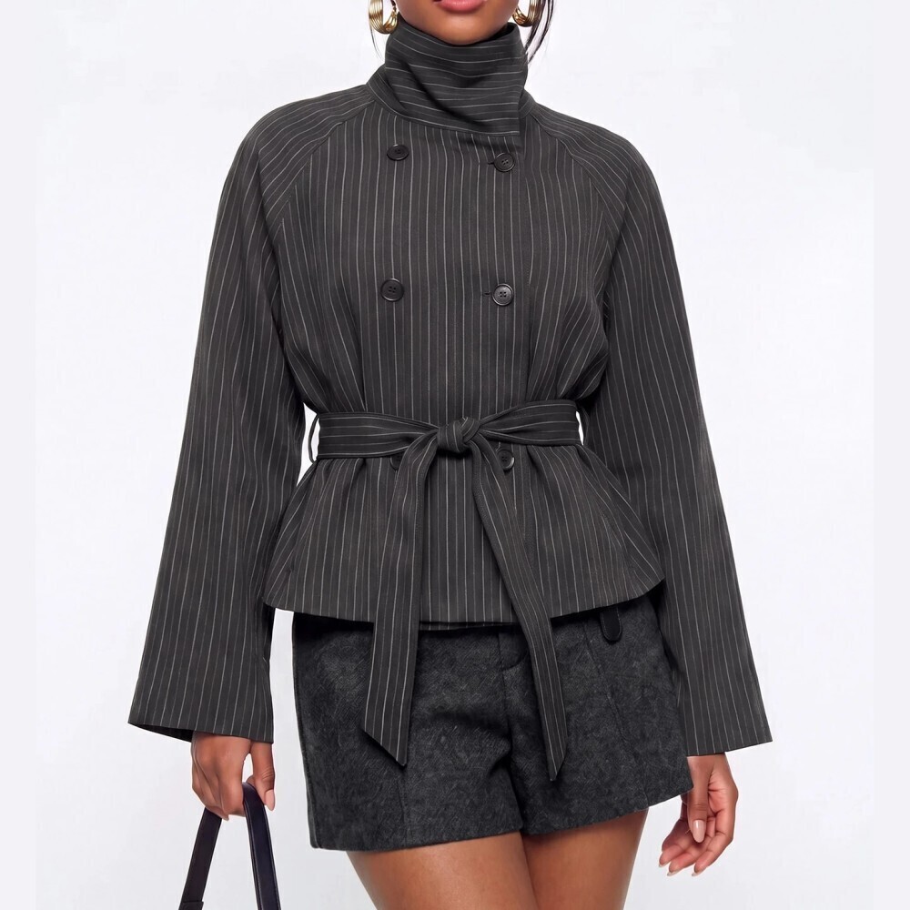 Charcoal Pinstripe Belted Double Breasted Short Trench Jacket